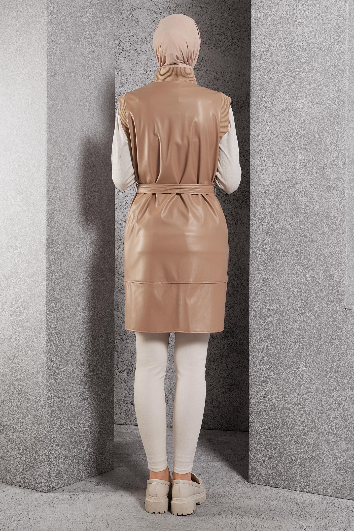 Hijab clothing BROWN BELTED FAUX LEATHER VEST 45239