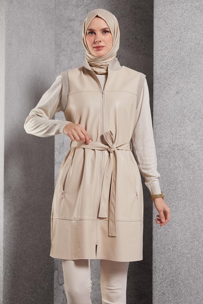 Tesettür giyim BEJ KUŞAKLI SUNİ DERİ YELEK 45239 - ALVİNA