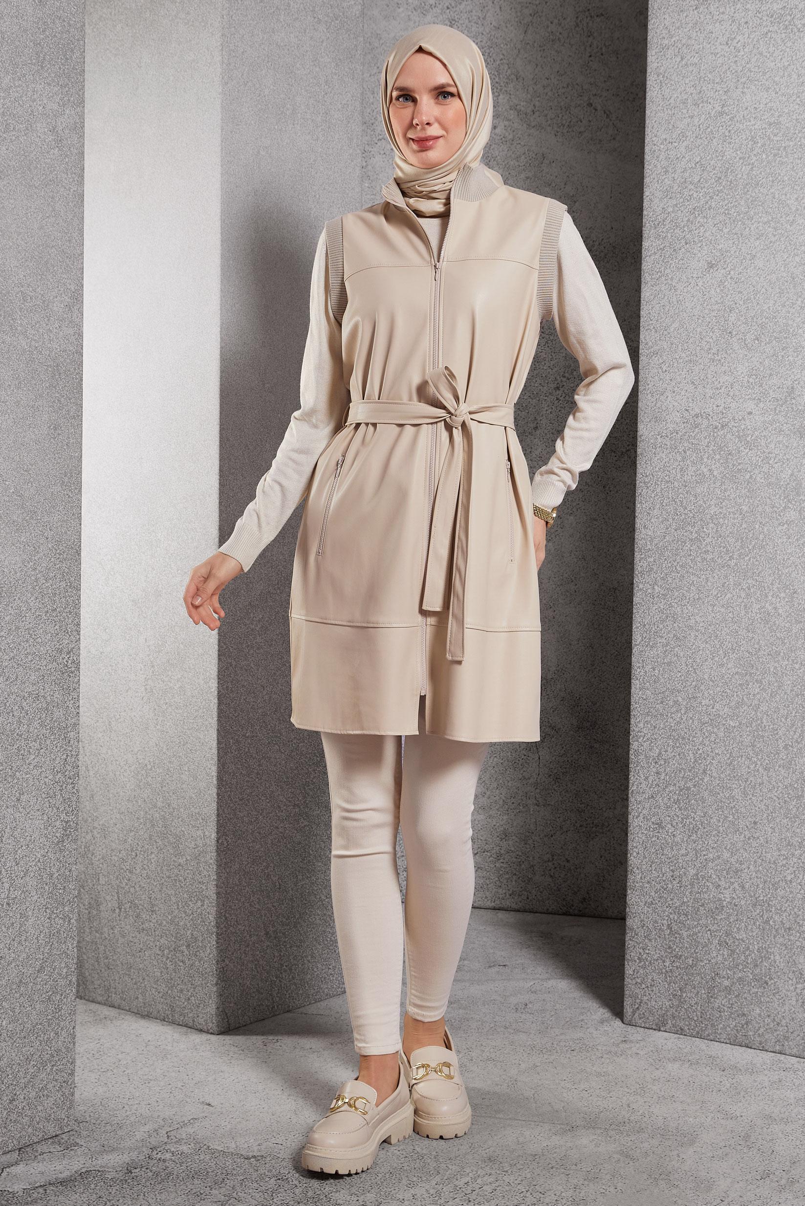 Tesettür giyim BEJ KUŞAKLI SUNİ DERİ YELEK 45239