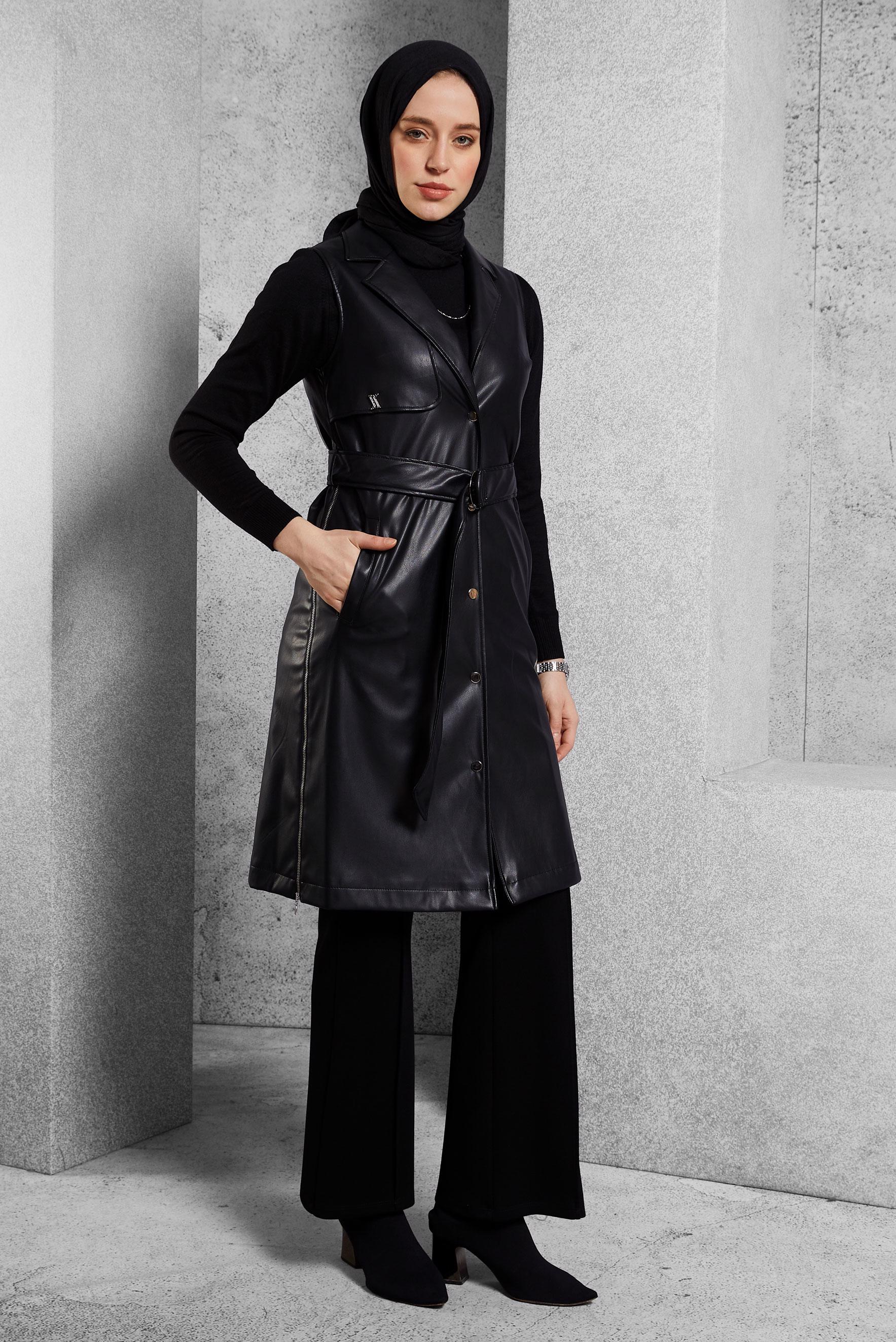 Tesettür giyim SİYAH KEMERLİ SUNİ DERİ YELEK 45241