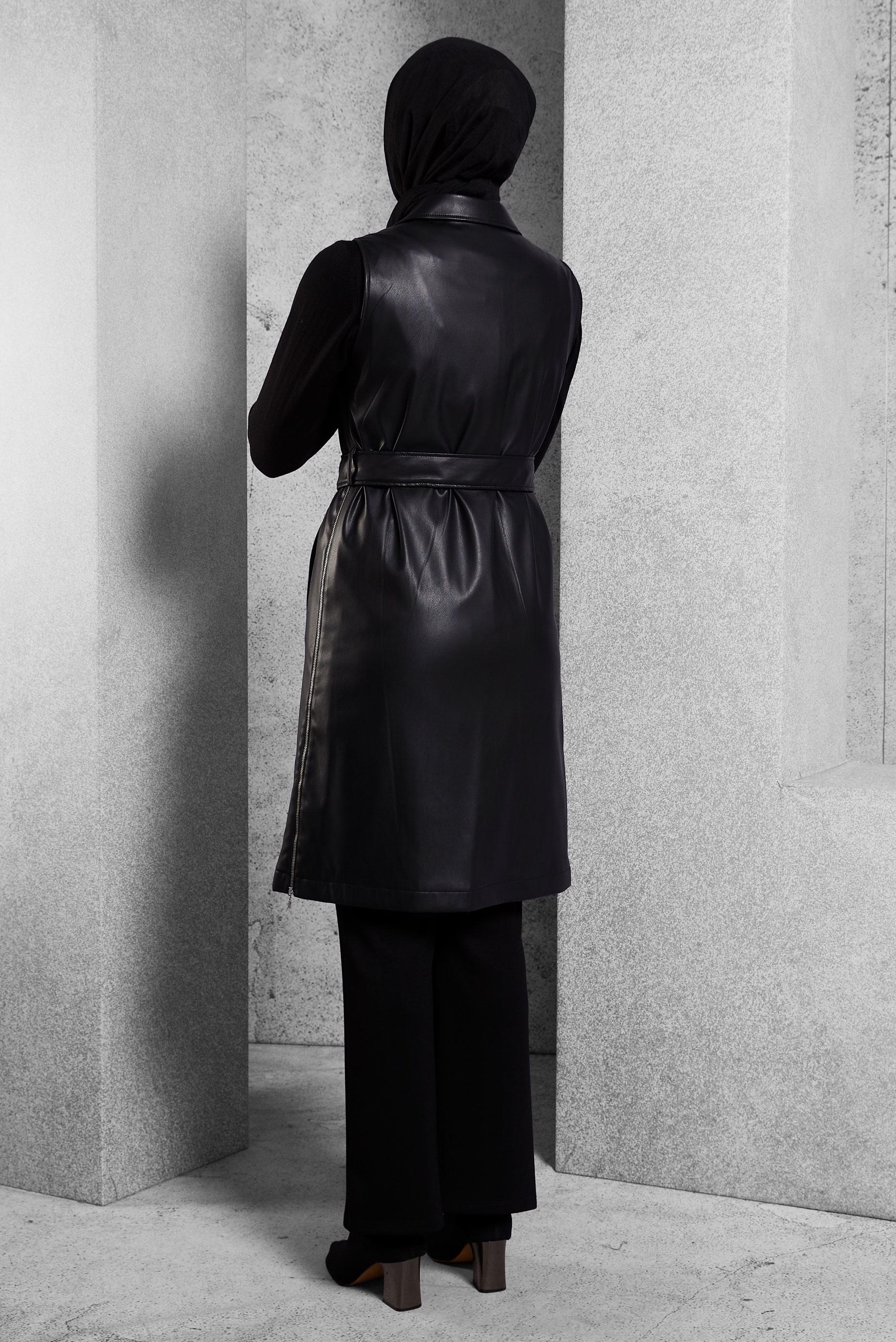 Tesettür giyim SİYAH KEMERLİ SUNİ DERİ YELEK 45241