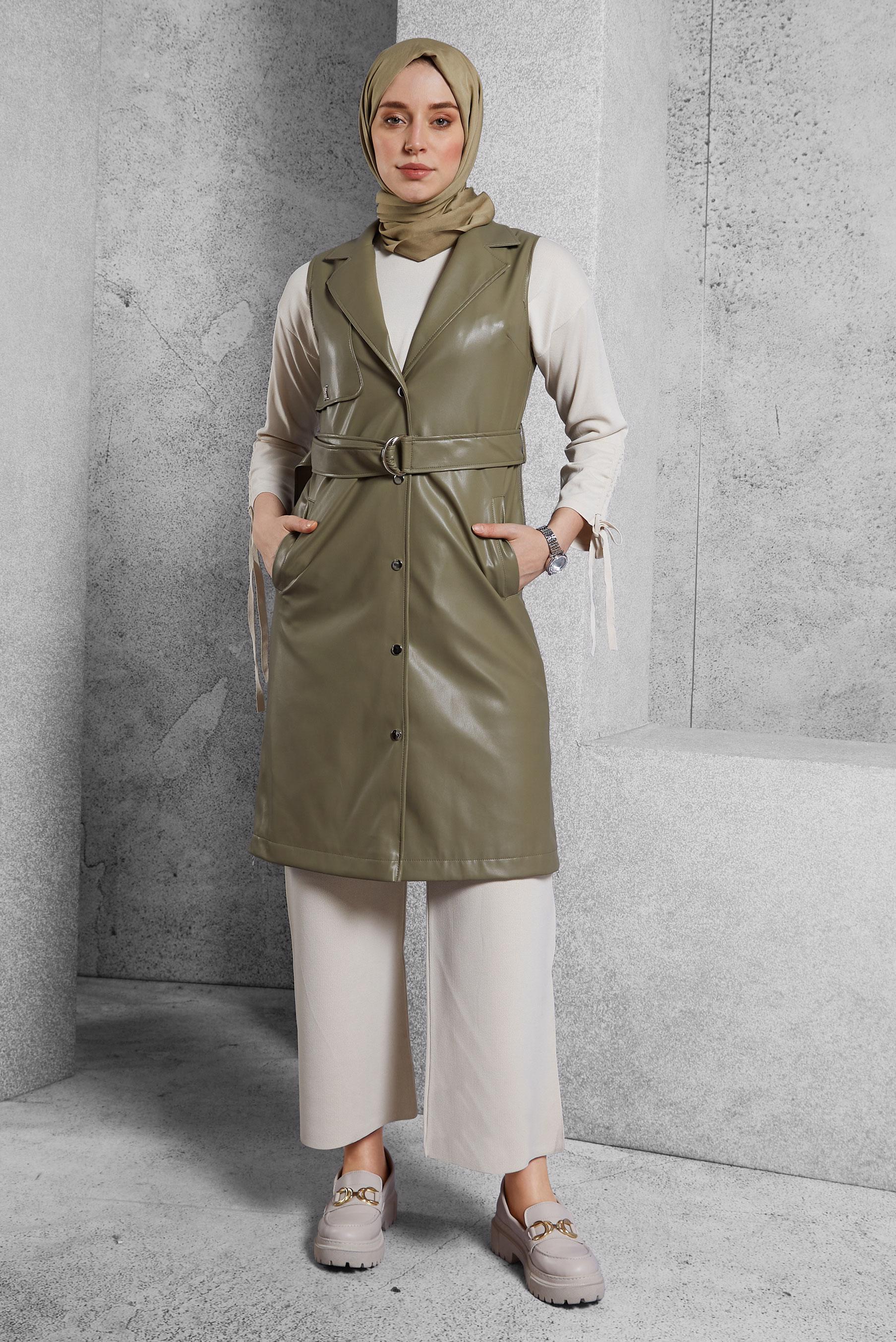 Tesettür giyim HAKİ KEMERLİ SUNİ DERİ YELEK 45241