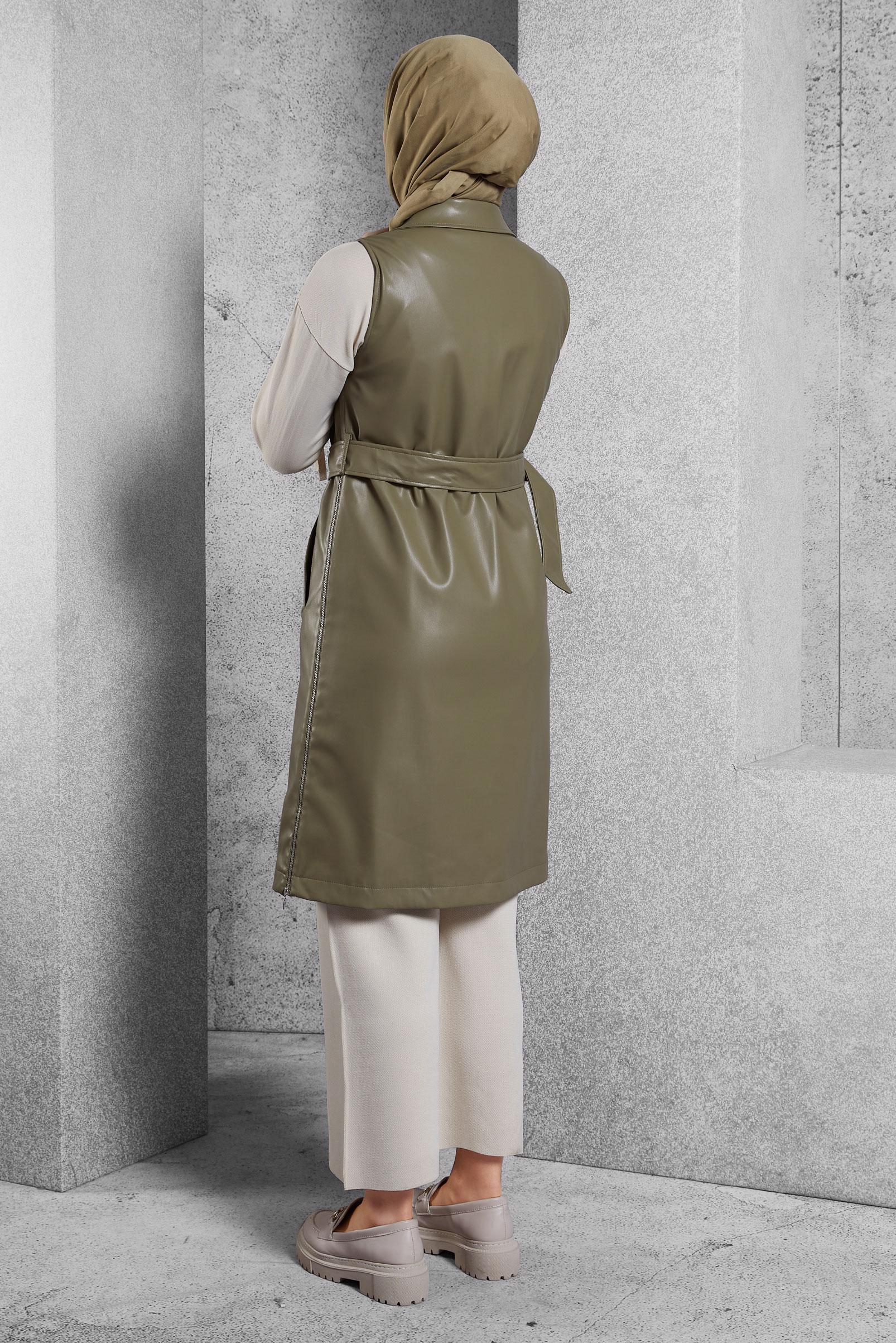 Tesettür giyim HAKİ KEMERLİ SUNİ DERİ YELEK 45241