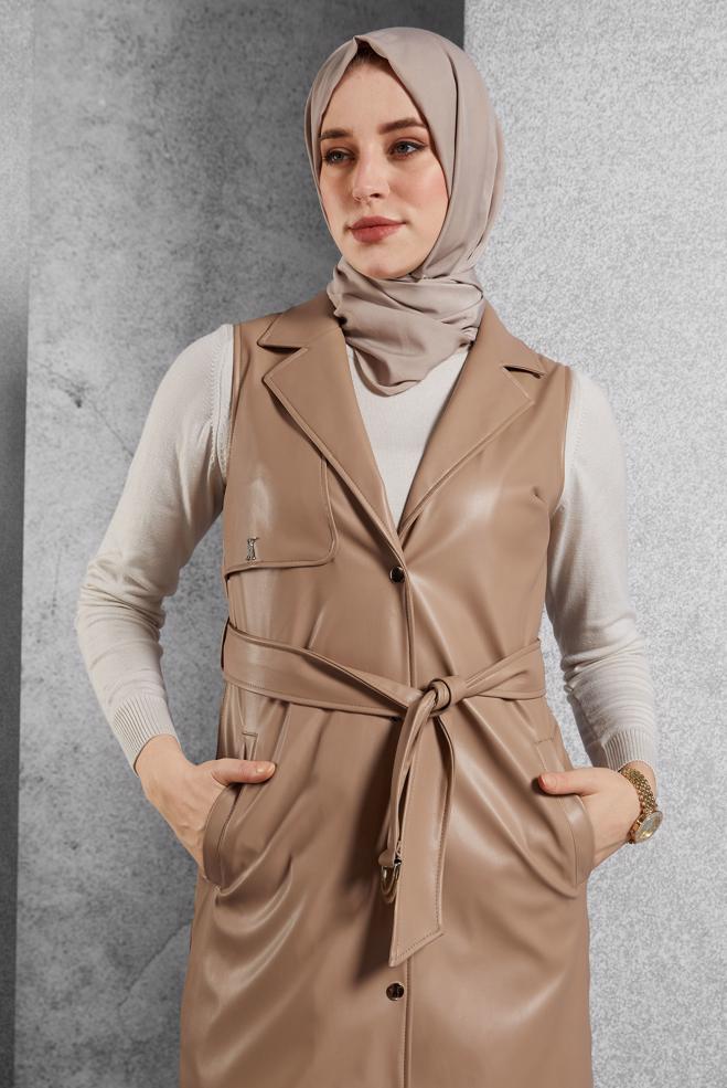 Tesettür giyim KAHVE KEMERLİ SUNİ DERİ YELEK 45241 - ALVİNA