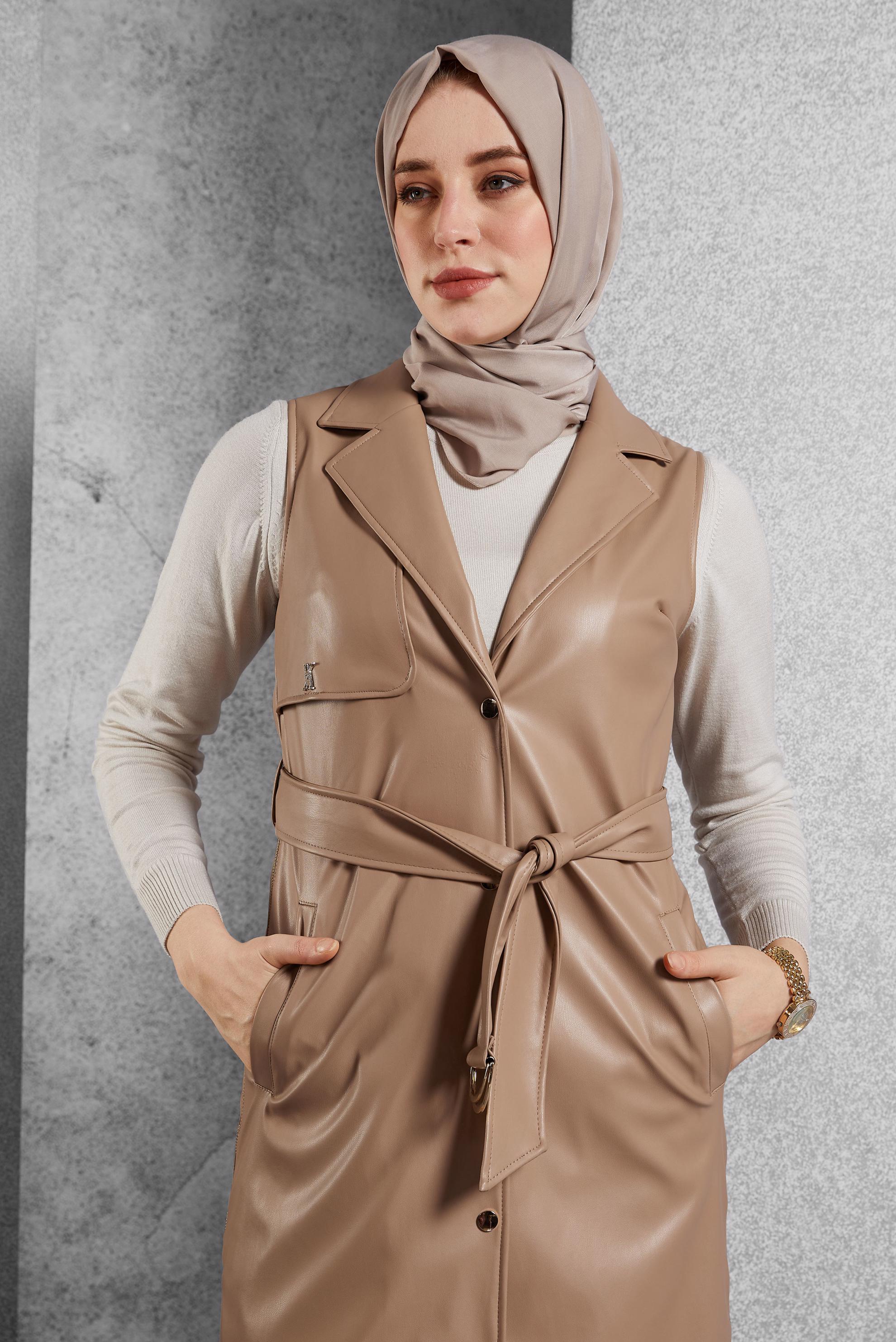 Tesettür giyim KAHVE KEMERLİ SUNİ DERİ YELEK 45241