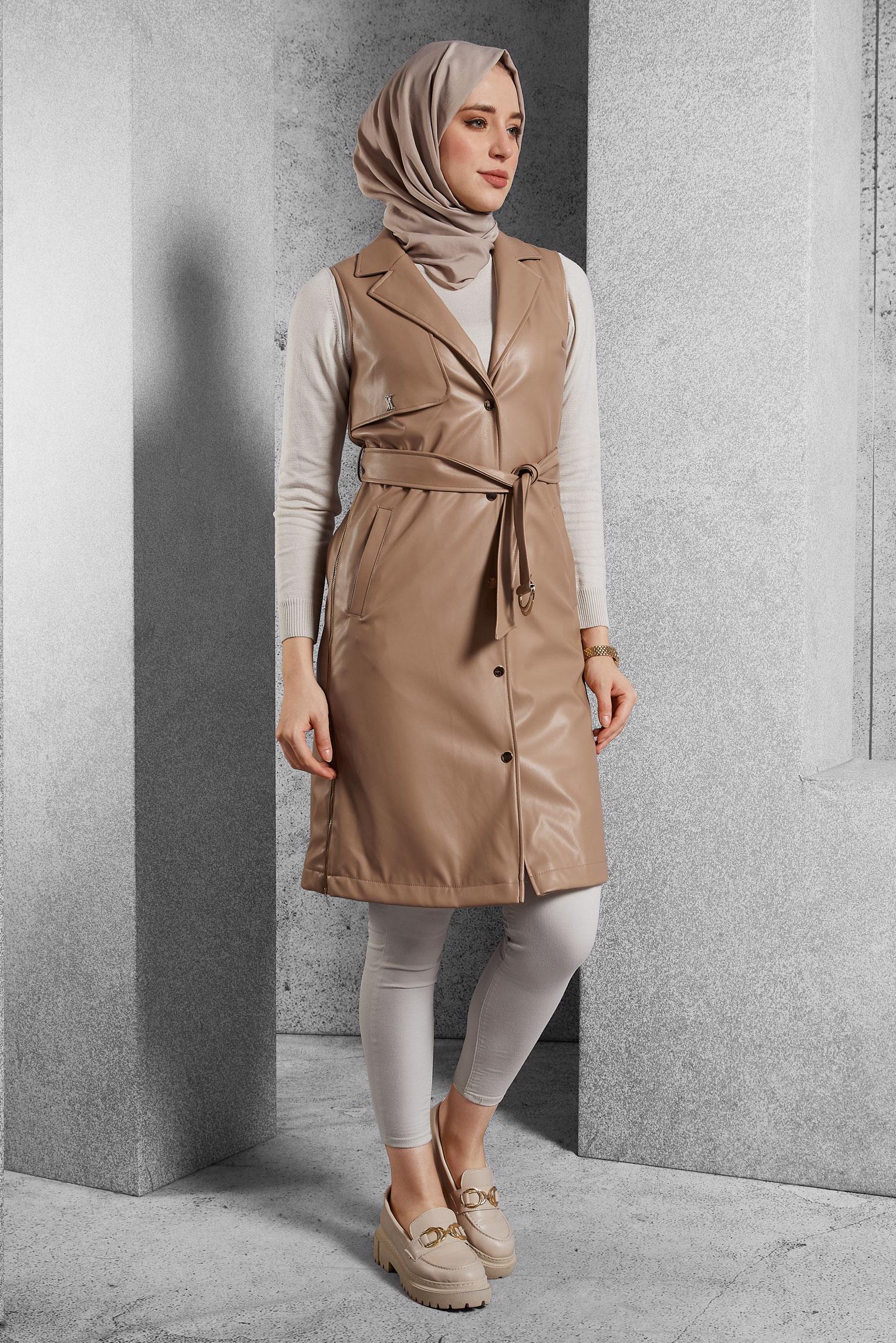 Tesettür giyim KAHVE KEMERLİ SUNİ DERİ YELEK 45241