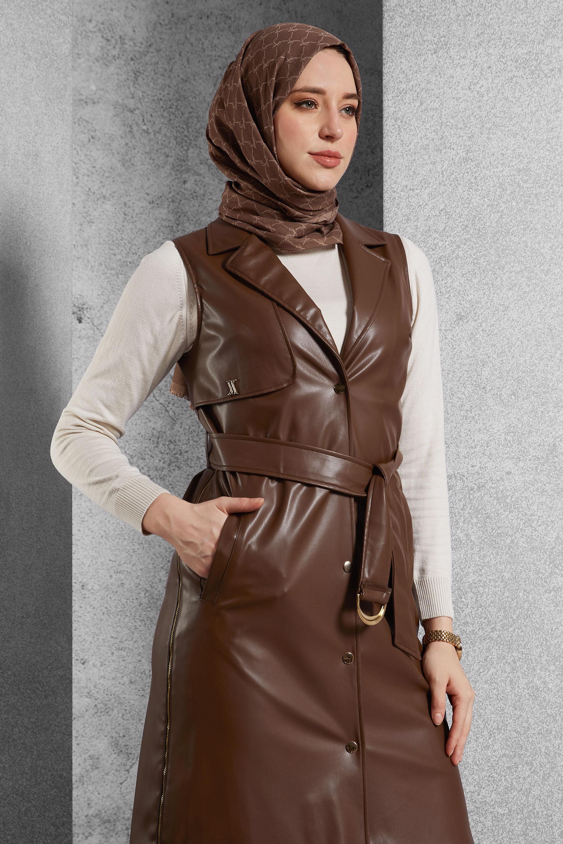 Tesettür giyim KAHVE KEMERLİ SUNİ DERİ YELEK 45241