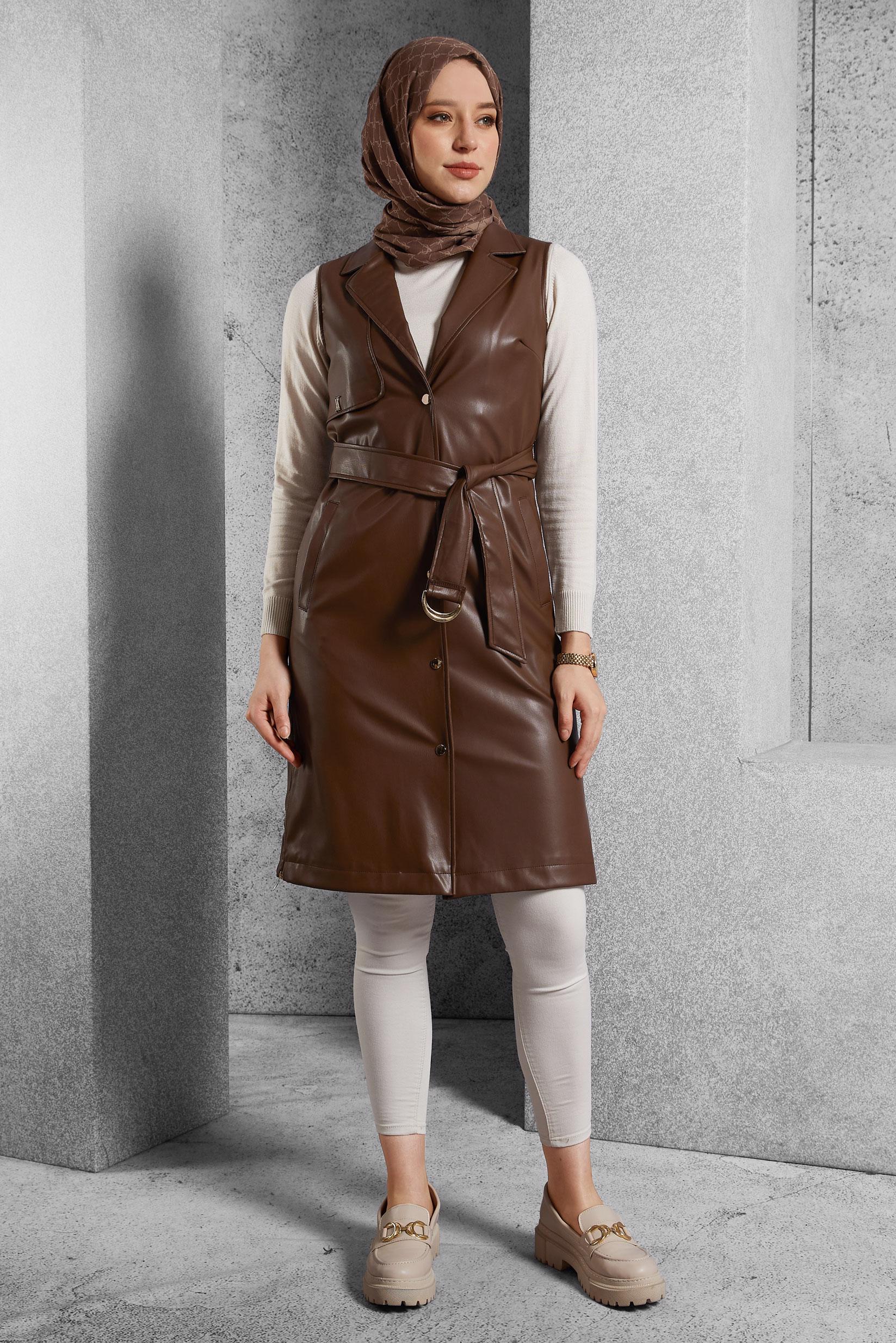 Tesettür giyim KAHVE KEMERLİ SUNİ DERİ YELEK 45241