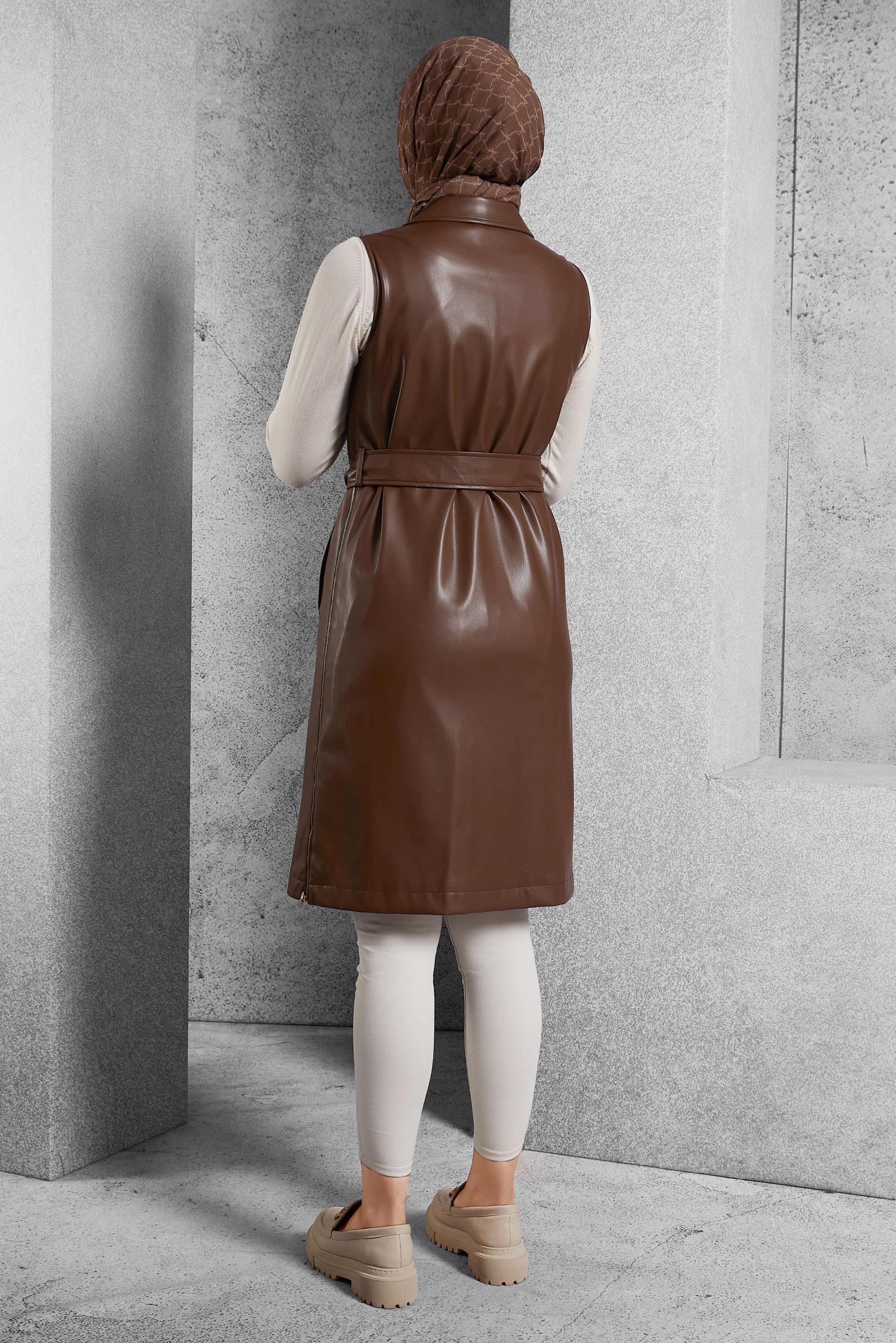 Tesettür giyim KAHVE KEMERLİ SUNİ DERİ YELEK 45241