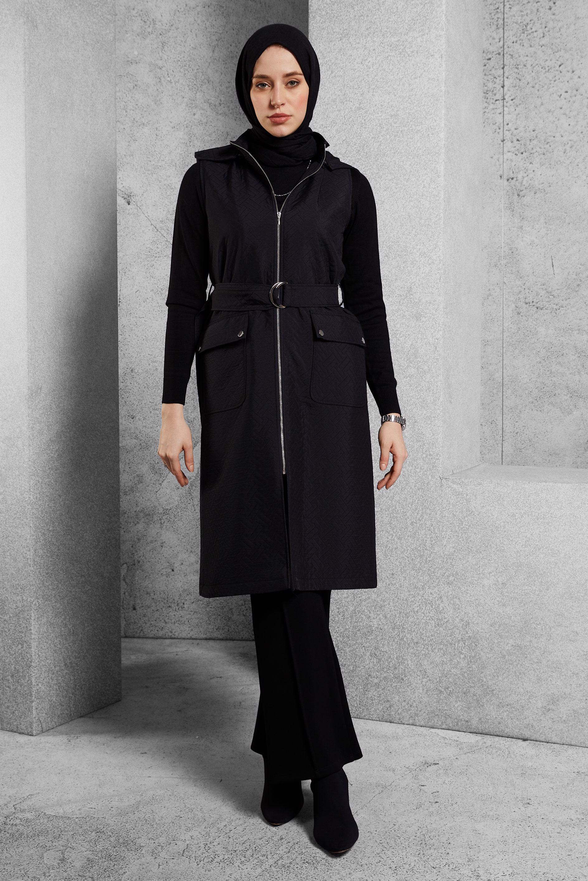 Tesettür giyim SİYAH KEMERLİ KAPİTONE YELEK 45242 