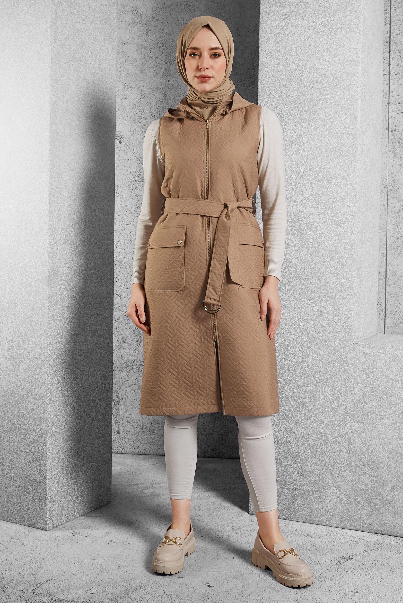 Tesettür giyim KAHVE KEMERLİ KAPİTONE YELEK 45242 