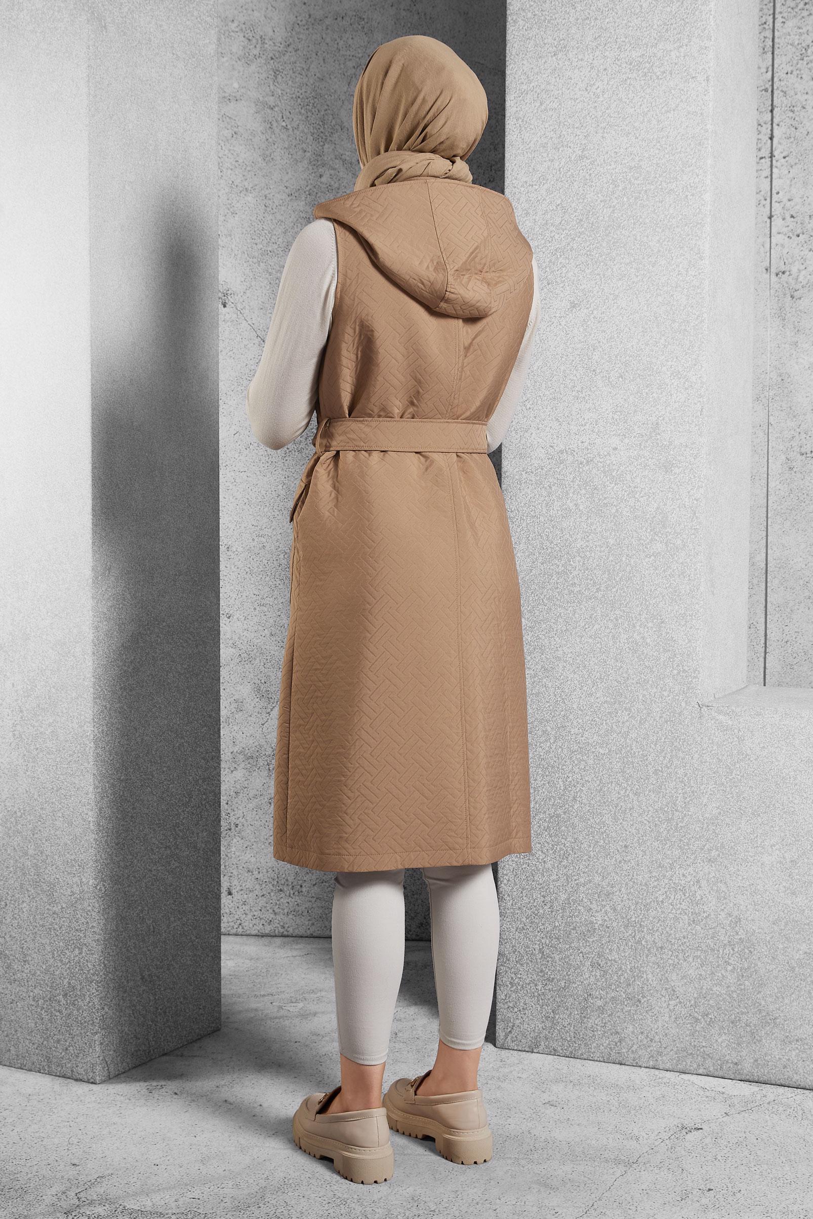 Tesettür giyim KAHVE KEMERLİ KAPİTONE YELEK 45242 