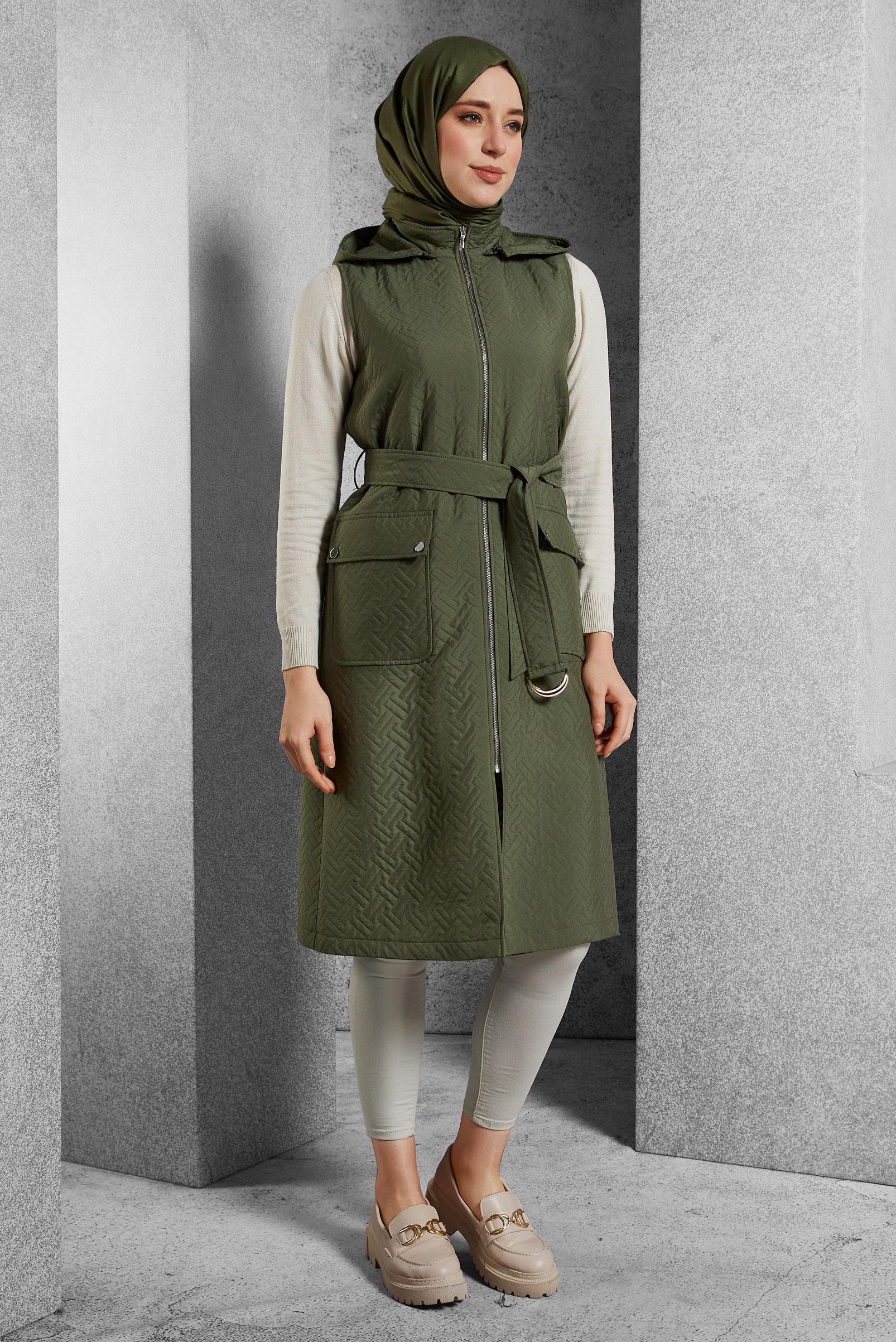 Tesettür giyim HAKİ KEMERLİ KAPİTONE YELEK 45242 