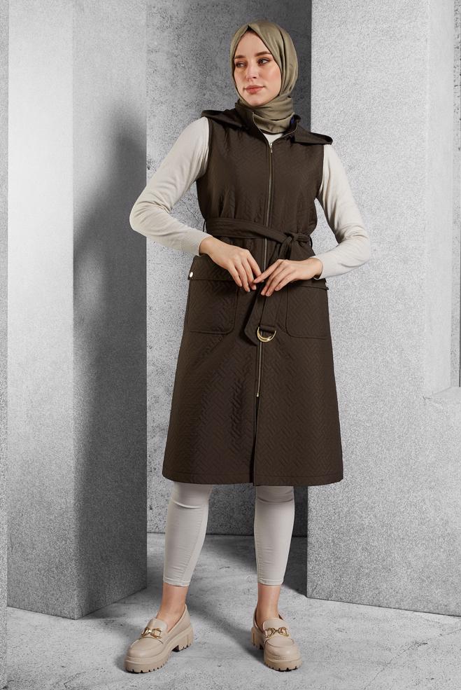Tesettür giyim KAHVE KEMERLİ KAPİTONE YELEK 45242  - ALVİNA
