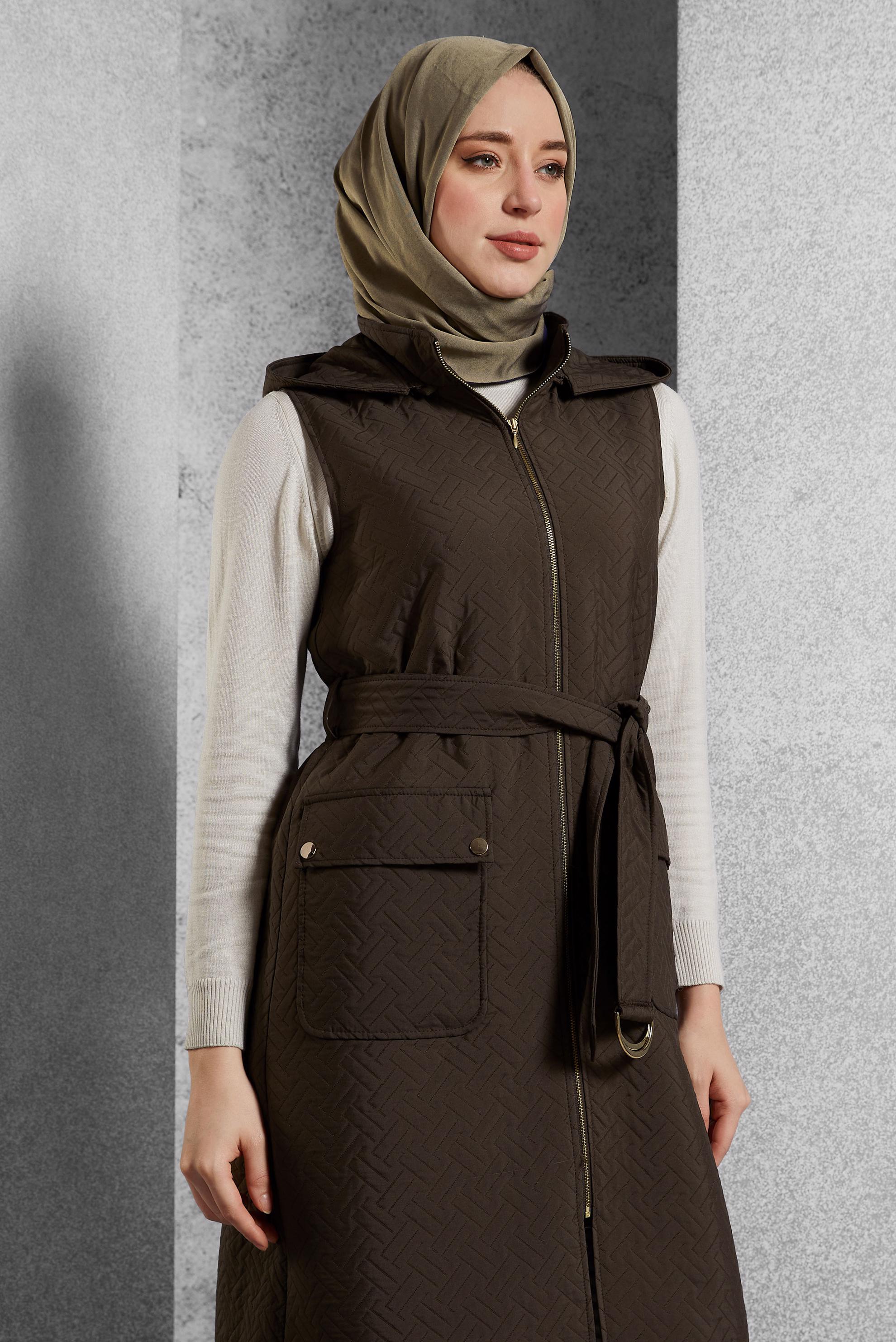 Tesettür giyim KAHVE KEMERLİ KAPİTONE YELEK 45242 