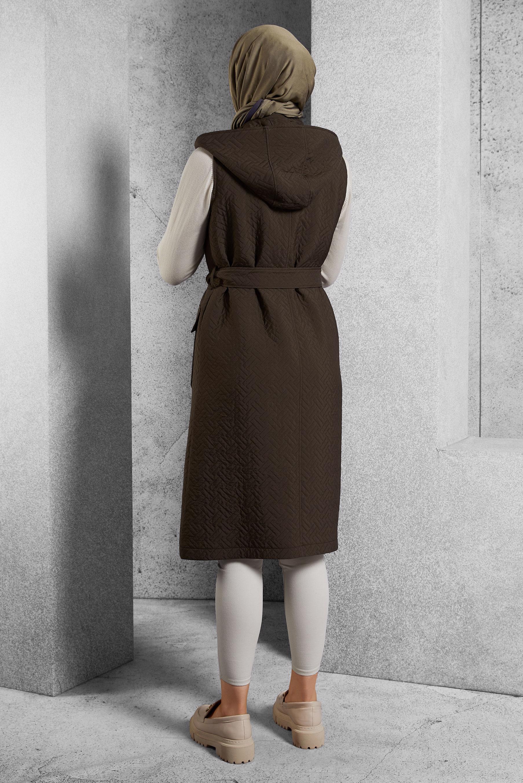 Tesettür giyim KAHVE KEMERLİ KAPİTONE YELEK 45242 