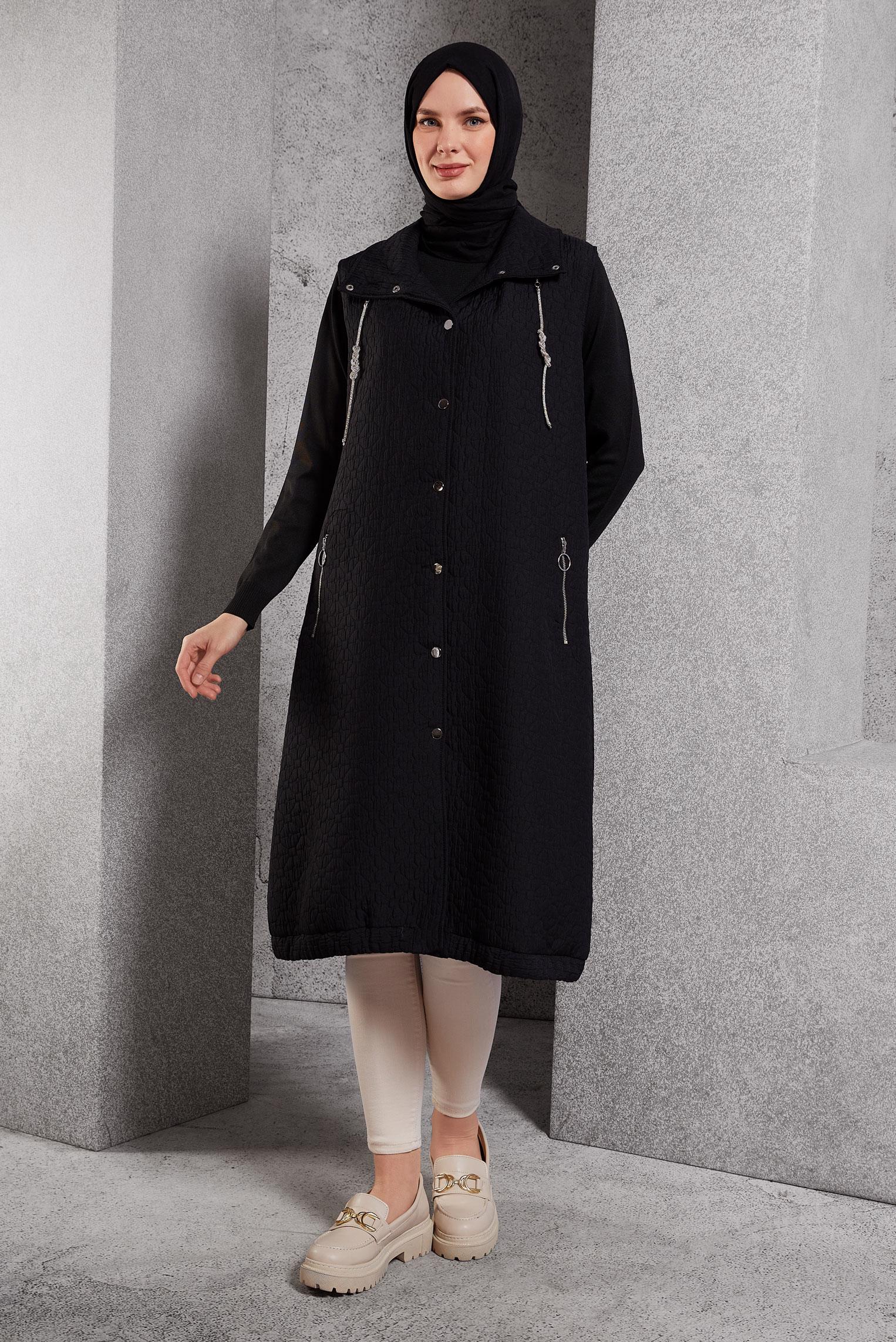 Tesettür giyim SİYAH CEPLİ KAPİTONE YELEK 45243