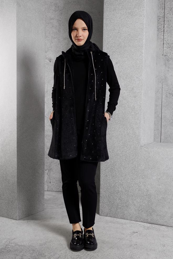 Vêtements hijab NOIR GILET AVEC DÉTAIL DE GEMMES 45267 - ALVİNA