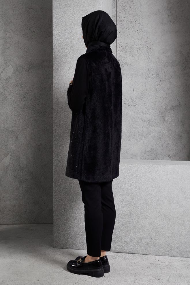 Vêtements hijab NOIR GILET AVEC DÉTAIL DE GEMMES 45267 - ALVİNA