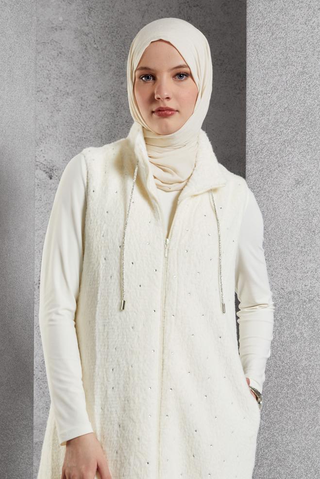 Vêtements hijab BLANC GILET AVEC DÉTAIL DE GEMMES 45267 - ALVİNA