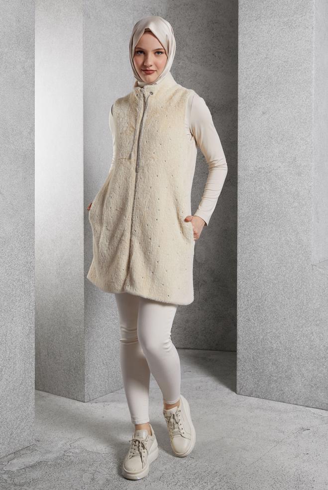 Vêtements hijab BEIGE GILET AVEC DÉTAIL DE GEMMES 45267 - ALVİNA