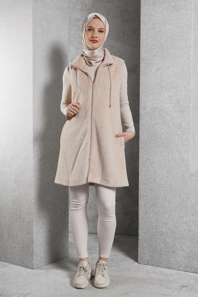 Vêtements hijab BRUN GILET AVEC DÉTAIL DE GEMMES 45267 - ALVİNA