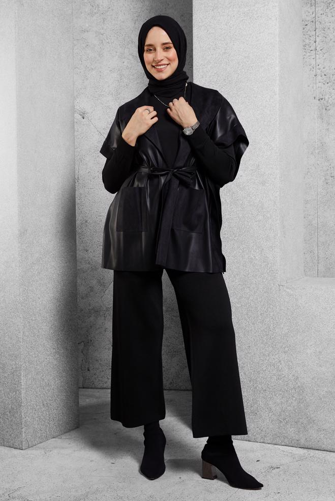 Vêtements hijab NOIR GILET EN SIMILI CUIR AVEC CEINTURE 45276 - ALVİNA