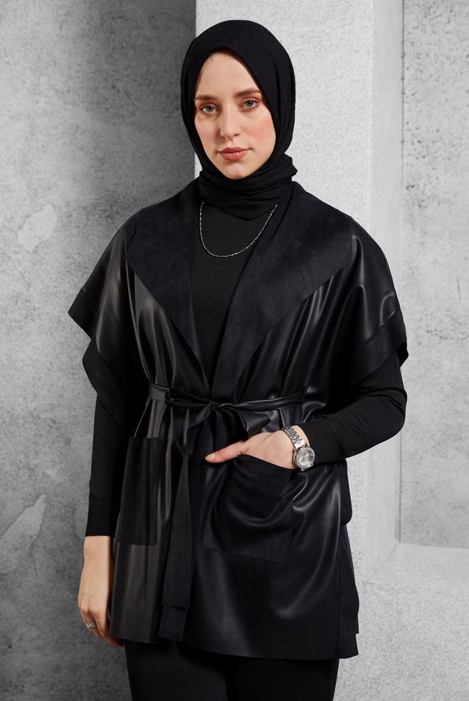 Vêtements hijab NOIR GILET EN SIMILI CUIR AVEC CEINTURE 45276 - ALVİNA