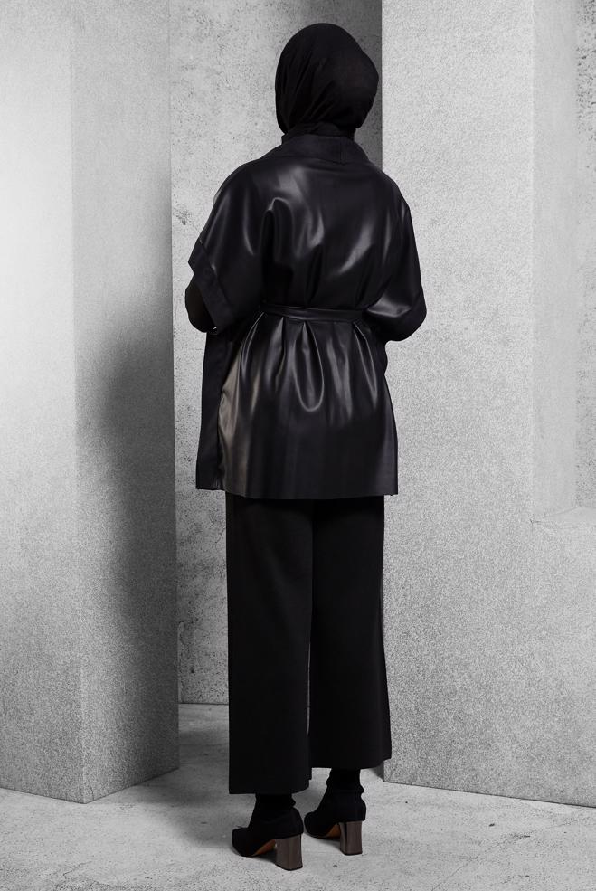 Vêtements hijab NOIR GILET EN SIMILI CUIR AVEC CEINTURE 45276 - ALVİNA