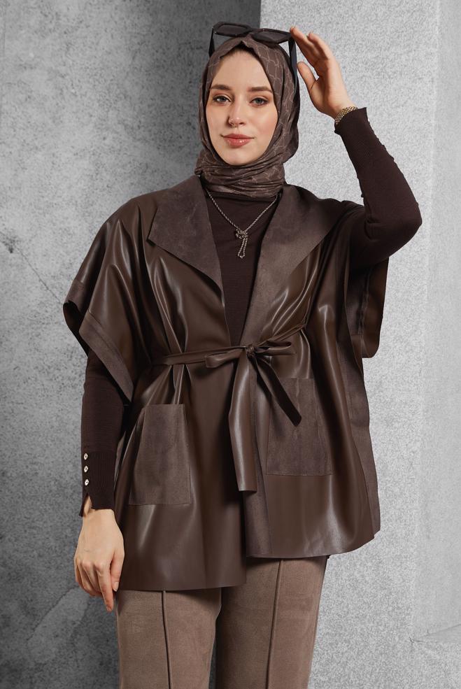 Vêtements hijab BRUN GILET EN SIMILI CUIR AVEC CEINTURE 45276 - ALVİNA