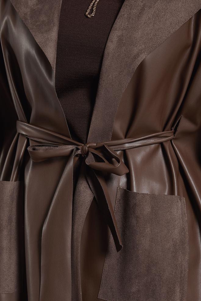 Vêtements hijab BRUN GILET EN SIMILI CUIR AVEC CEINTURE 45276 - ALVİNA