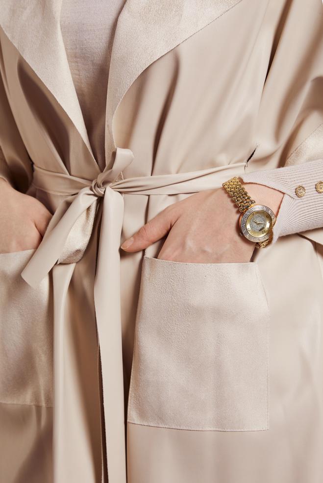 Vêtements hijab BEIGE GILET EN SIMILI CUIR AVEC CEINTURE 45276 - ALVİNA