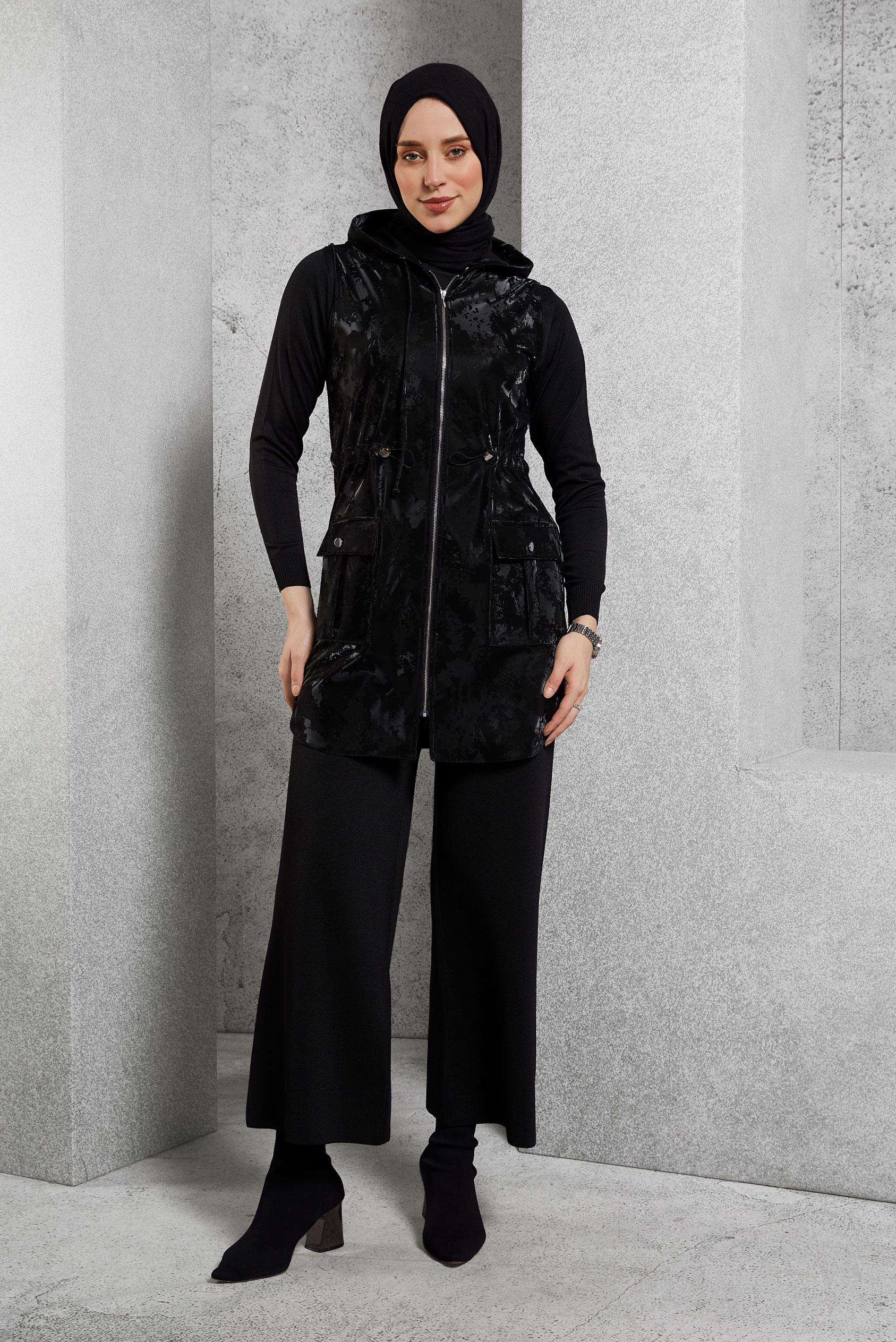 Hijab clothing BLACK HOODED FAUX LEATHER VEST 45281