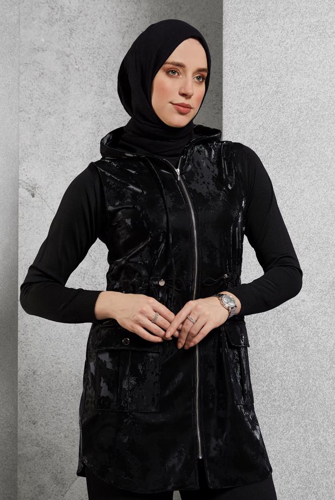 Hijab clothing BLACK HOODED FAUX LEATHER VEST 45281 - ALVİNA