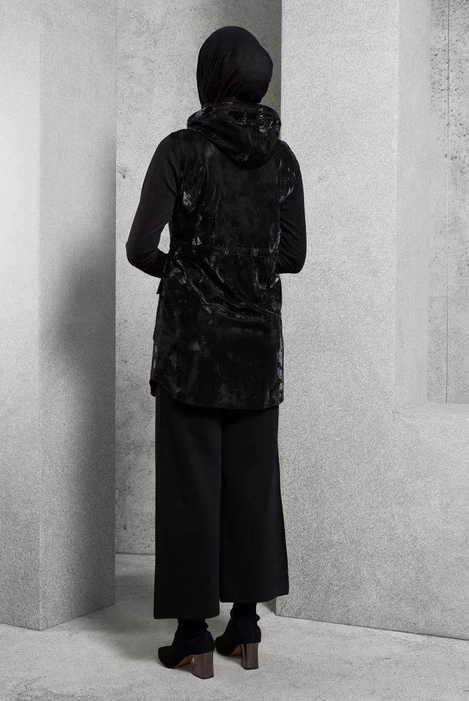 Hijab clothing BLACK HOODED FAUX LEATHER VEST 45281 - ALVİNA