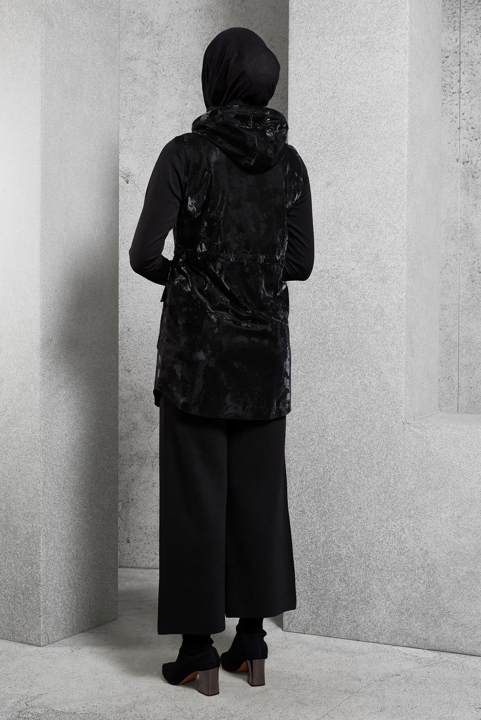 Hijab clothing BLACK HOODED FAUX LEATHER VEST 45281