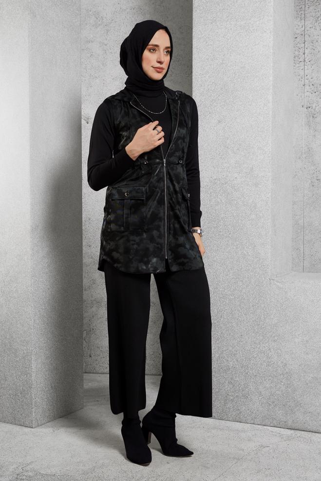 Hijab clothing BLACK HOODED FAUX LEATHER VEST 45281-1   - ALVİNA