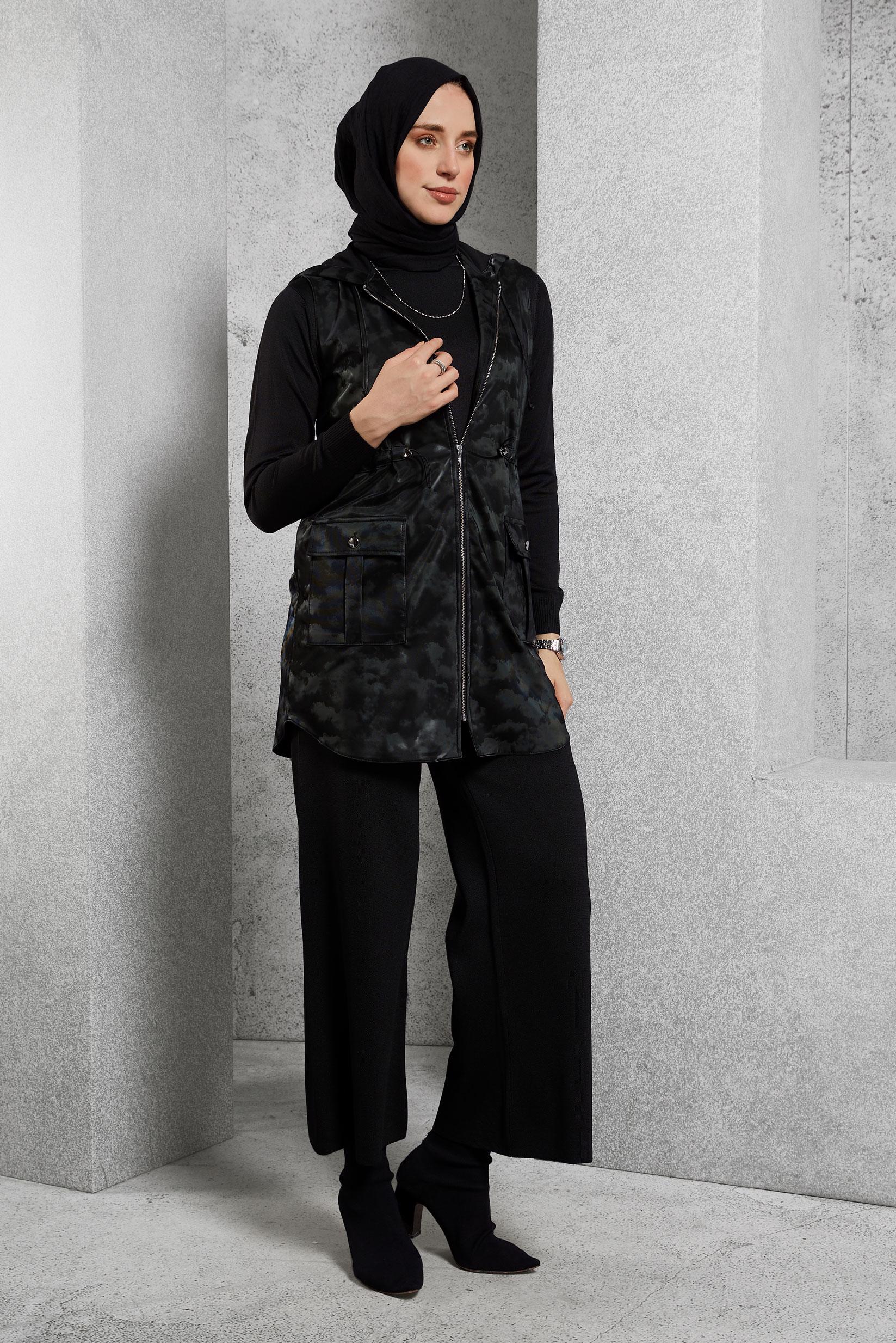 Hijab clothing BLACK HOODED FAUX LEATHER VEST 45281-1  