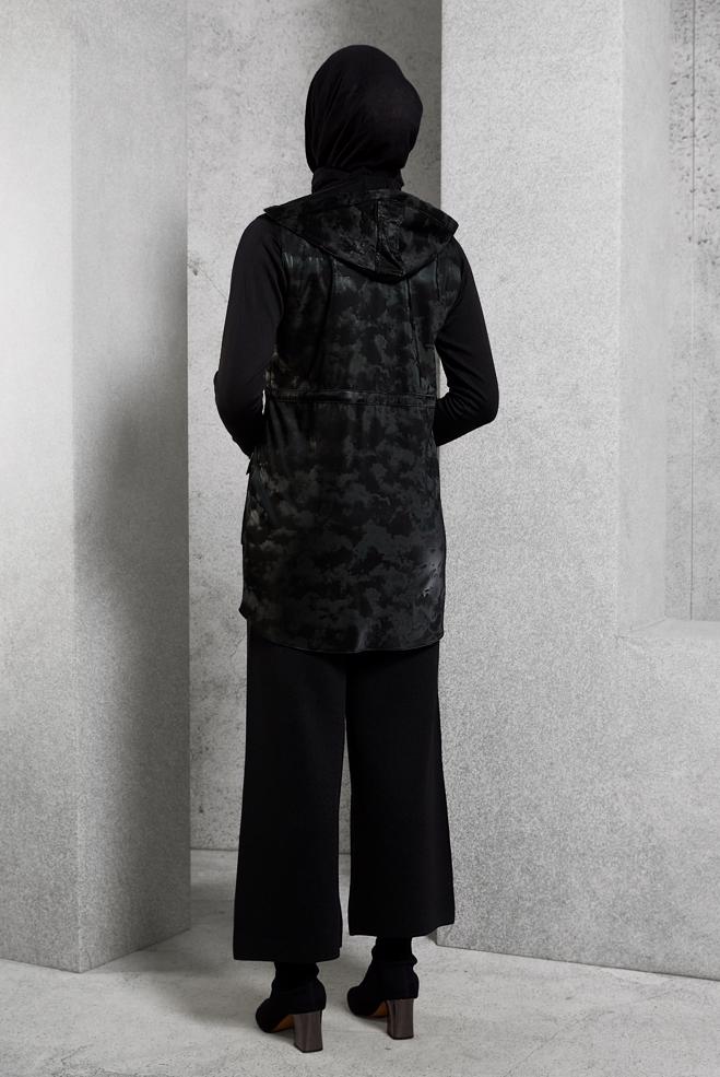 Hijab clothing BLACK HOODED FAUX LEATHER VEST 45281-1   - ALVİNA