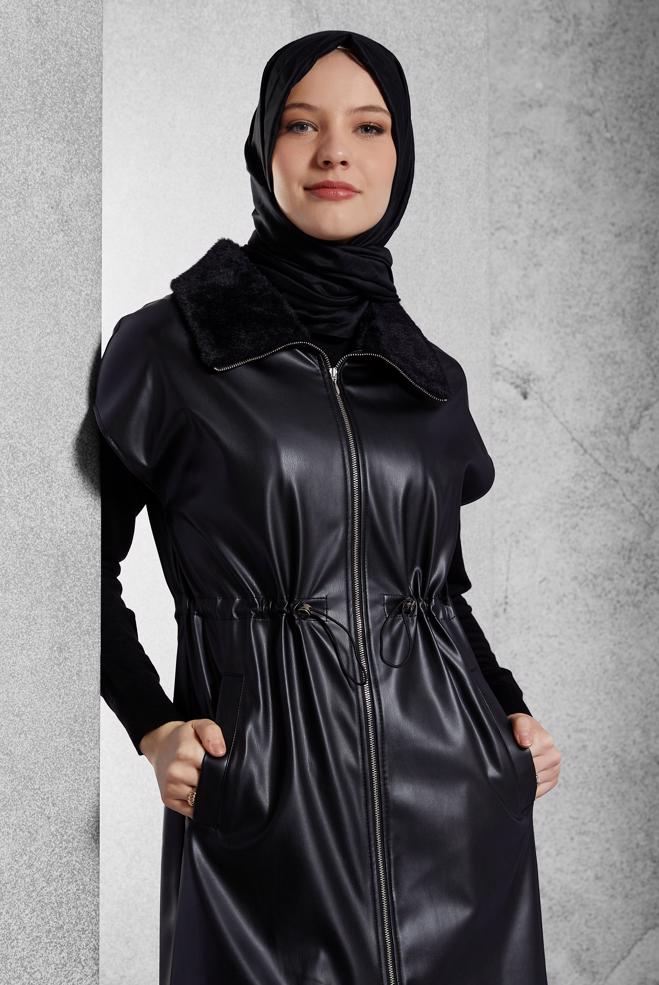 Vêtements hijab NOIR GILET EN SIMILI CUIR 45289 - ALVİNA