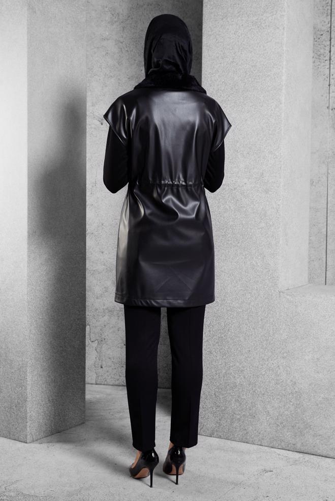 Vêtements hijab NOIR GILET EN SIMILI CUIR 45289 - ALVİNA