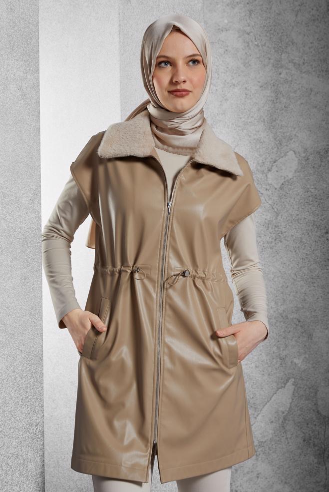 Vêtements hijab BEIGE GILET EN SIMILI CUIR 45289 - ALVİNA