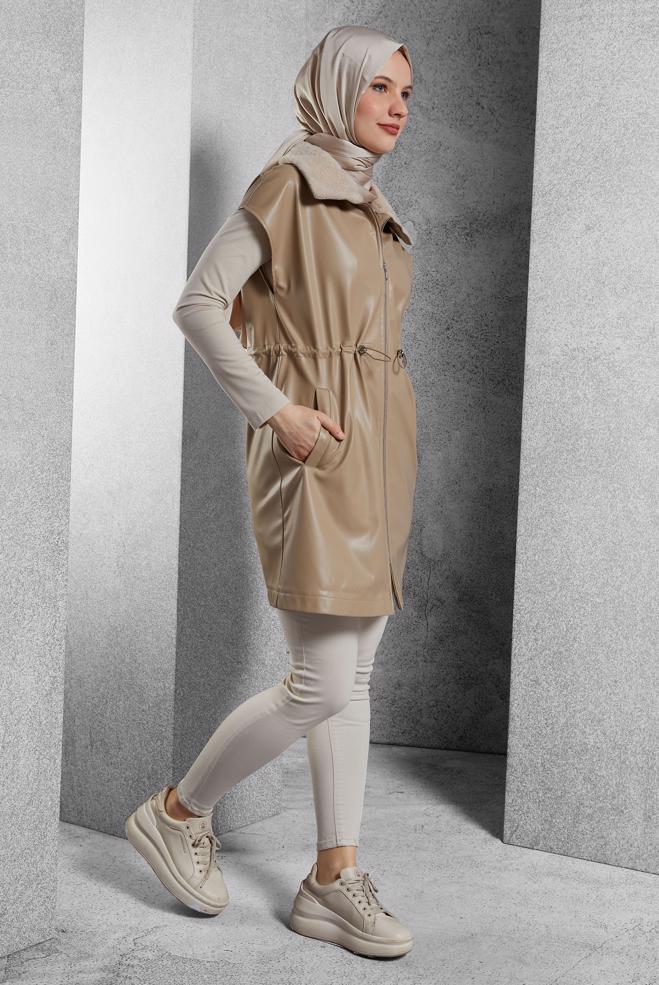 Vêtements hijab BEIGE GILET EN SIMILI CUIR 45289 - ALVİNA