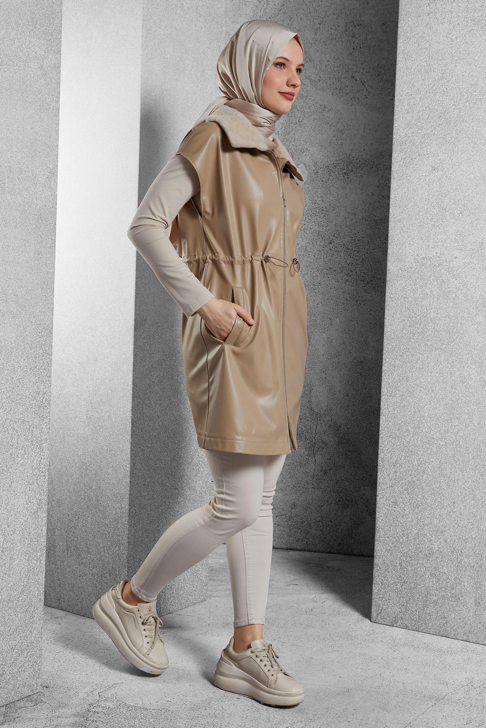 Vêtements hijab BEIGE GILET EN SIMILI CUIR 45289