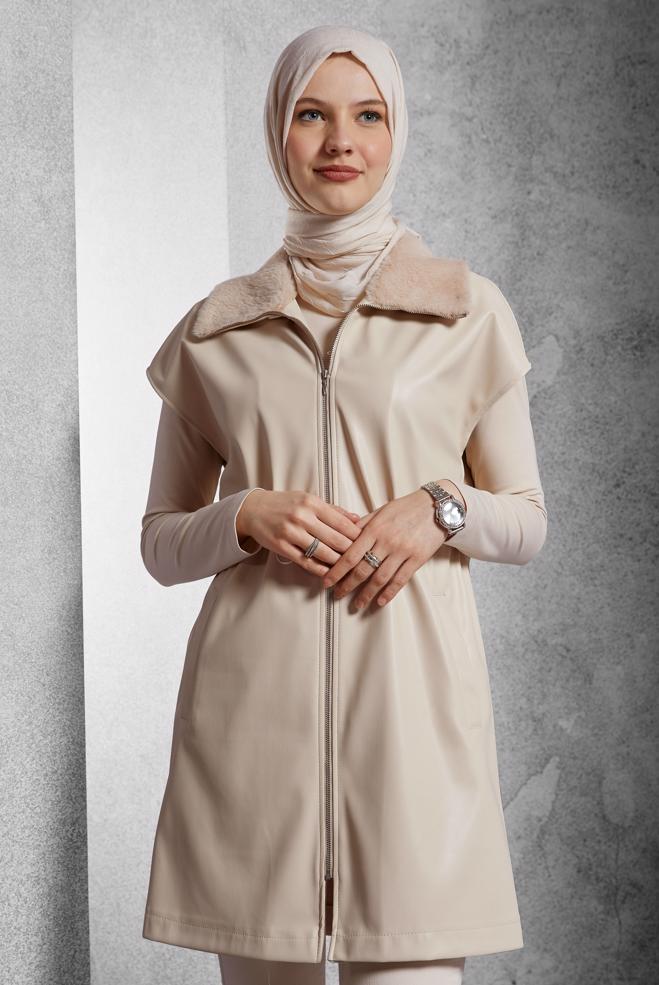 Vêtements hijab BEIGE GILET EN SIMILI CUIR 45289 - ALVİNA