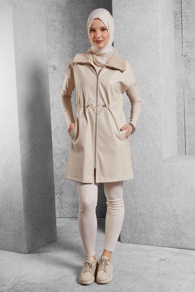Vêtements hijab BEIGE GILET EN SIMILI CUIR 45289 - ALVİNA