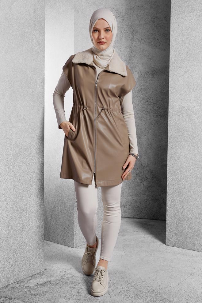 Vêtements hijab BEIGE GILET EN SIMILI CUIR 45289 - ALVİNA