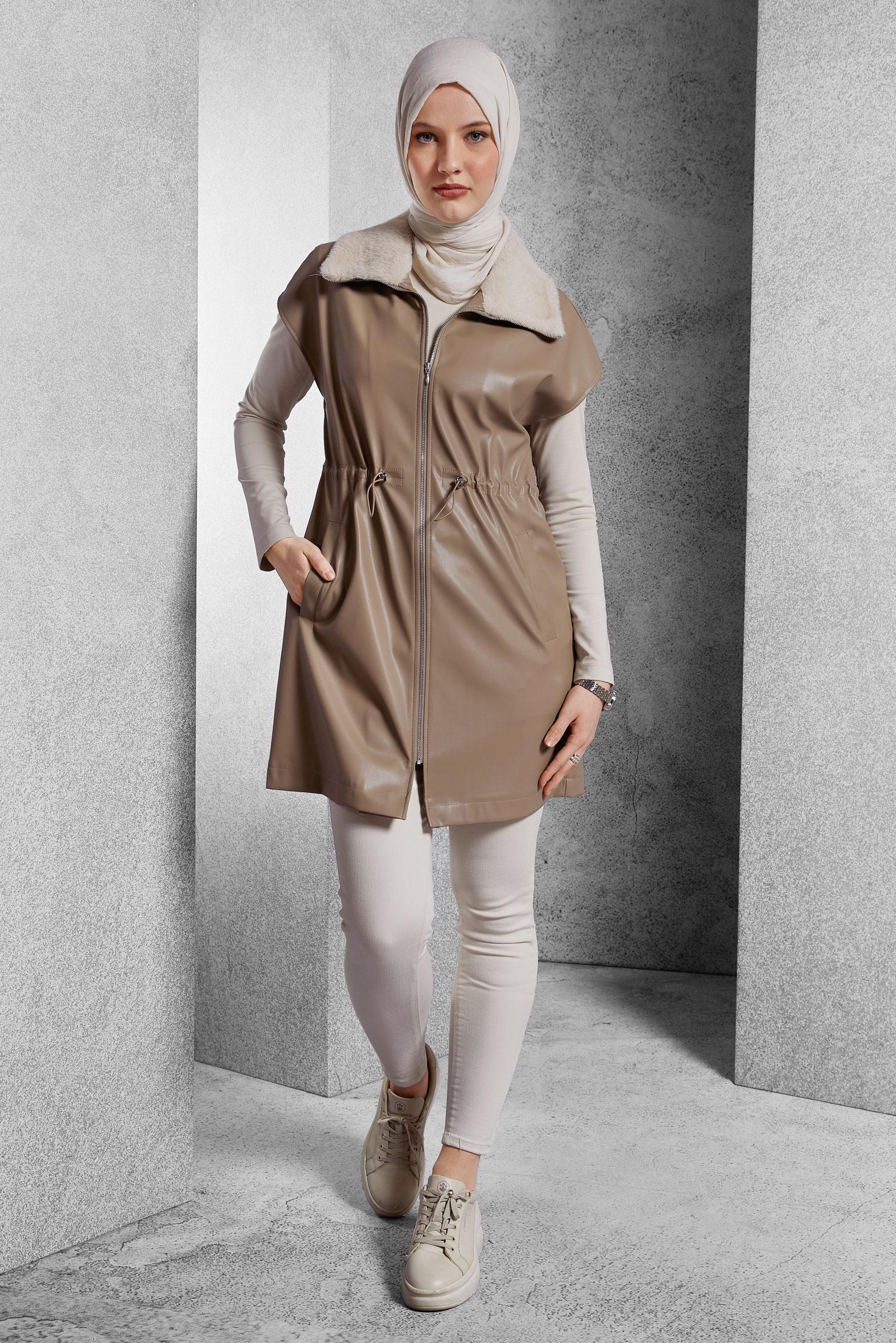 Vêtements hijab BEIGE GILET EN SIMILI CUIR 45289