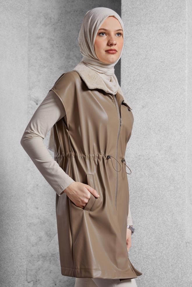 Vêtements hijab BEIGE GILET EN SIMILI CUIR 45289 - ALVİNA