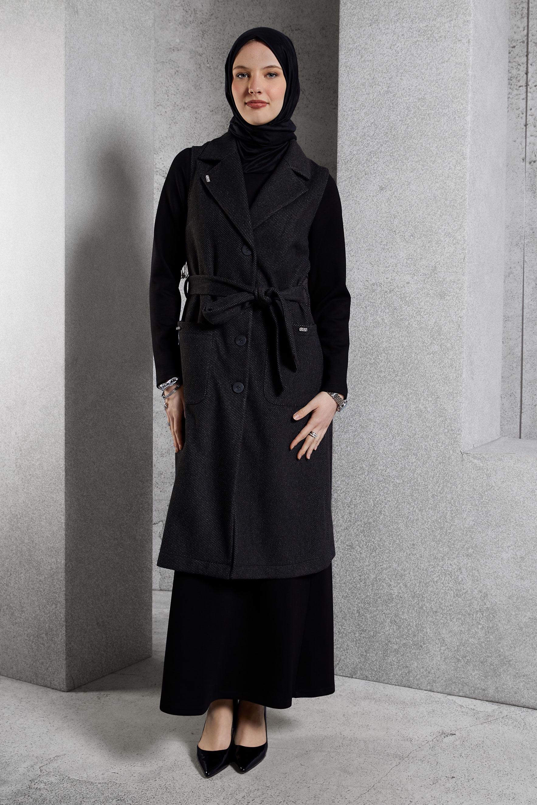 Tesettür giyim SİYAH KUŞAKLI YELEK 45303
